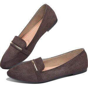 Obtaom Women's Coffee Faux Leather Pointed Toe Slip On Loafer Ballet Flat